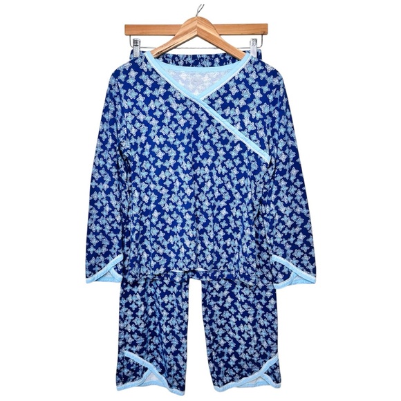 Garnet Hill Asian Wrap Pajama Set SZ Small Organic Cotton Crop Pants Blue Print - Picture 1 of 16
